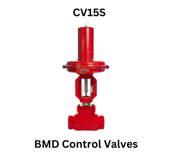 Image of a red valve inscribed with 'BMD Control Valves,' part of the CV15s series, highlighting its professional-grade quality